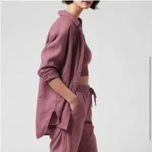 ATHLETA Playa Tawny Rose Pink Long Sleeve Shirt Button Linen Shirt Size L NWT